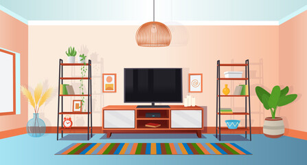 Living room with TV and shelves Living room interior in boho. Wooden TV stand, wicker lampshade, shelves with decorations, lots of indoor plants. Vector cartoon style.