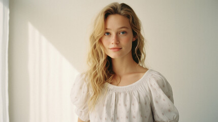 Young adult attractive European blonde woman, beautiful pretty teen girl Nordic model with curly blond hair looking at camera standing on background with sunlight, close up portrait, natural beauty.