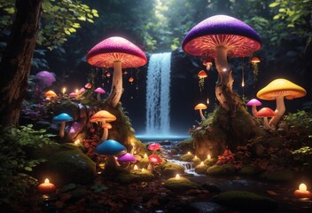 Glowing mushrooms, lighting mushrooms in the dark forest, waterfall