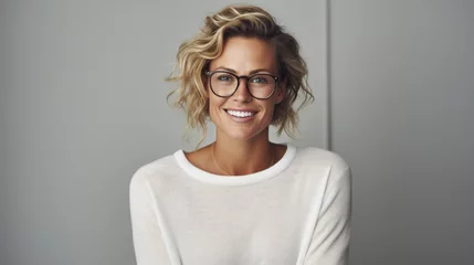 Fotobehang Young adult stylish confident attractive smiling blonde European business woman, beautiful lady pretty model with curly blond hair wearing glasses looking at camera, close up face portrait indoors. © Synthetica