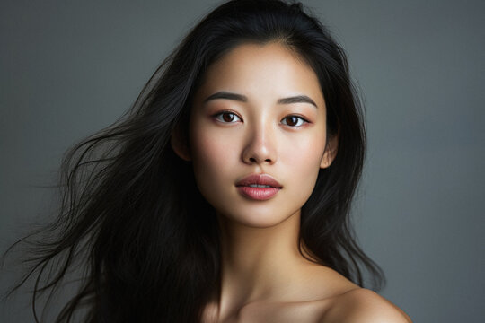 Young adult stylish confident attractive Asian woman, Korean beautiful lady pretty brunette model with long hair and luxury makeup looking at camera standing on grey background, face portrait.