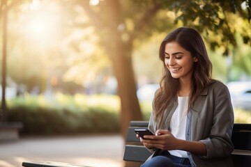 woman is browsing smartphone while sitting in park