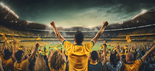 back view of fans screaming supporting australian team at world cup in stadium wearing yellow and green
