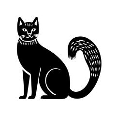 Hand carved block print cat in linocut style, textured silhouette childish vector illustration, isolated on white.