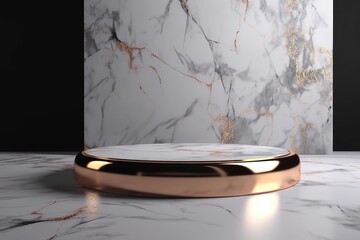 White marble stand, in front of a marble background. AI generated