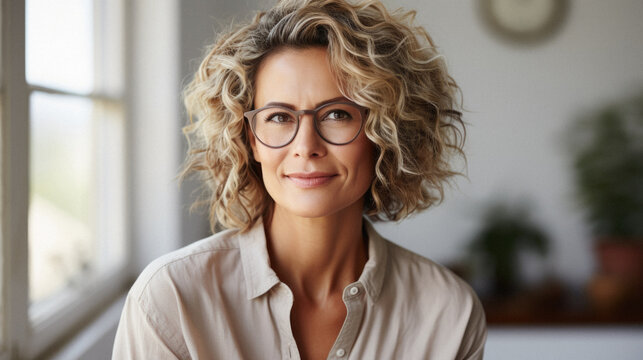 Mid Aged Adult Confident European Business Woman With Blonde Curly Hair, Smiling Middle Aged Lady Blond Model Wearing Eyeglasses Looking At Camera At Home Or In Office, Close Up Face Portrait.