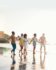 Summer, holding hands and travel with friends at beach for freedom, support and sunset. Wellness,...