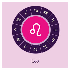 Leo sign . Vector illustration. Leo zodiac sign symbole on purple background horoscope astrology. Zodiac sign. Astrological calendar. Zodiacal black and white vector horoscope. Line