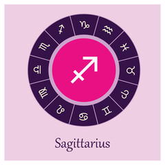 Sagittarius sign . Vector illustration. Sagittarius zodiac sign symbole on purple background horoscope astrology. Zodiac sign. Astrological calendar. Zodiacal black and white vector horoscope. Line