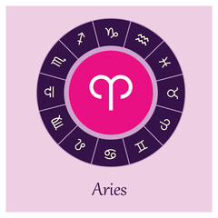 Aries zodiac sign symbole on purple background horoscope astrology Zodiac sign. Astrological calendar. Zodiacal colors vector horoscope. Line symbol