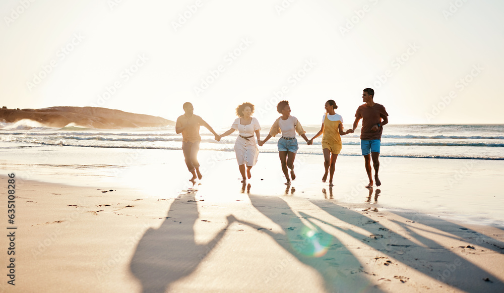 Poster Friends, holding hands and running at sunset on beach in summer or walking together on holiday in California with freedom. Group, silhouette or vacation with connection or support in community