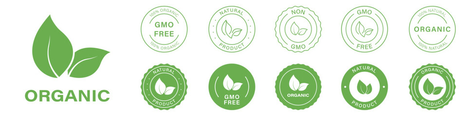 Gmo Free Label, Non Gmo Badge Set. Organic Healthy Vegan Food Icons. Natural Product Eco Stamp. Bio Herbal Sticker Collection. 100 Percent Ecology Symbol. Isolated Vector Illustration - obrazy, fototapety, plakaty