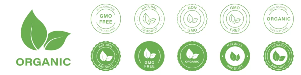 Fotobehang Gmo Free Label, Non Gmo Badge Set. Organic Healthy Vegan Food Icons. Natural Product Eco Stamp. Bio Herbal Sticker Collection. 100 Percent Ecology Symbol. Isolated Vector Illustration © Toxa2x2