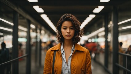 Fototapeta premium A woman in an orange jacket standing in a hallway
