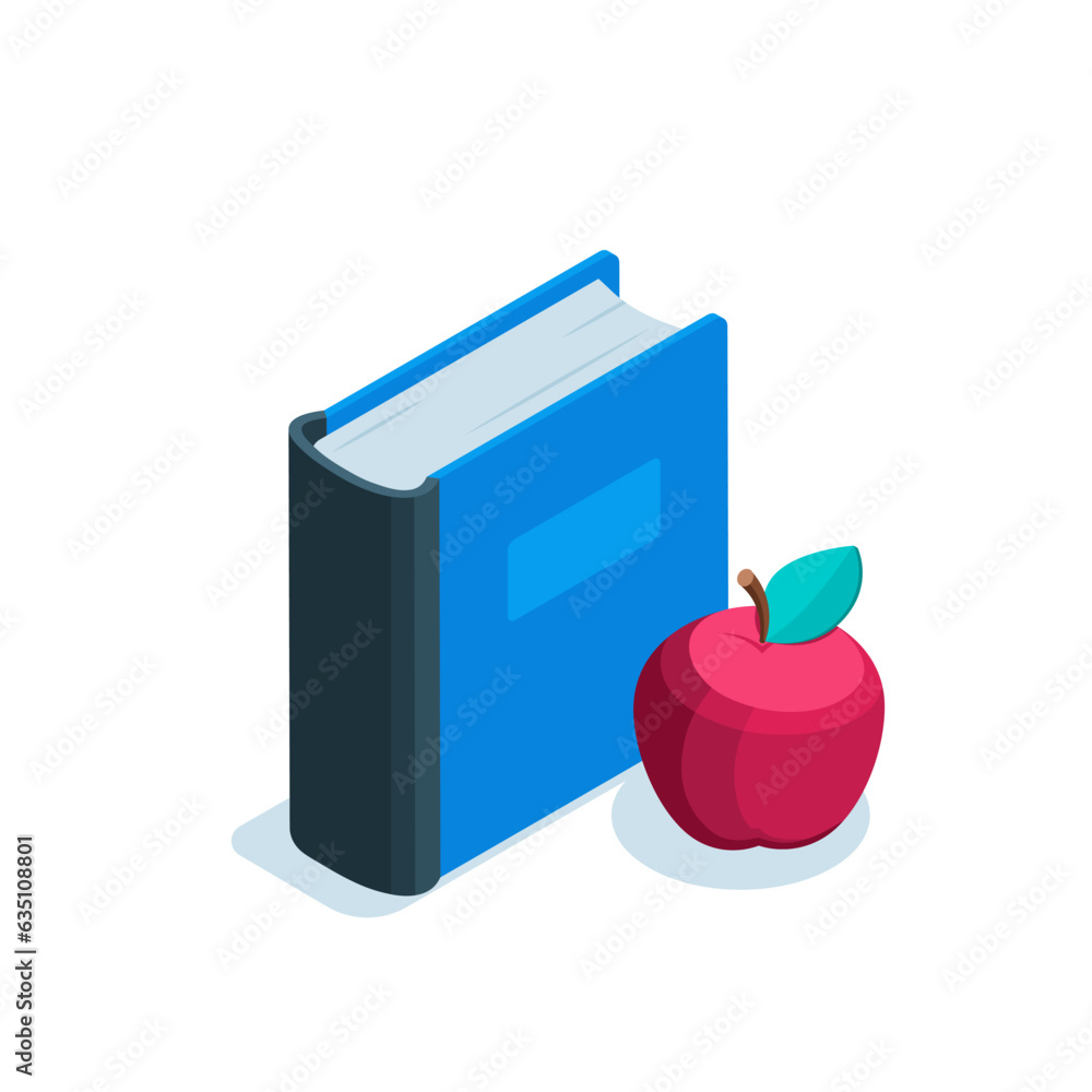 Poster isometric book with an apple icon in color on a white background, studying at school or reading in t