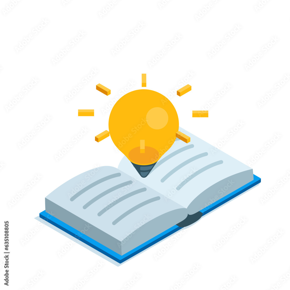 Poster isometric open book with glowing light bulb in color on white background, studying or reading in the