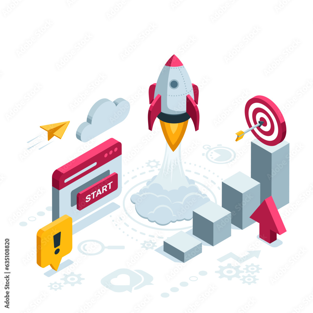 Poster isometric rocket takes off from browser window with start button in color on white background, start