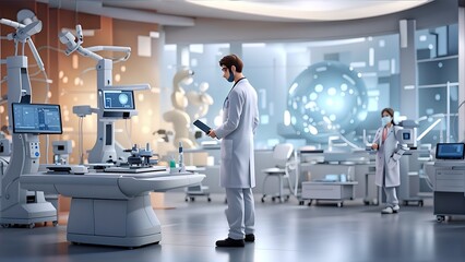 A Futuristic Medical Science Laboratory Filled With Doctors, Cutting-Edge Robotics And Nanotechnology Generative AI