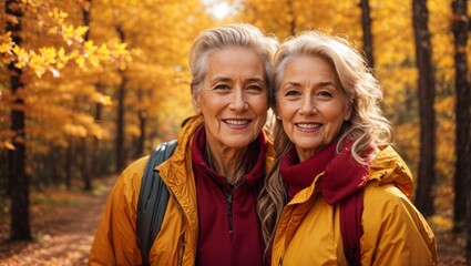 Two women standing together in a beautiful forest setting