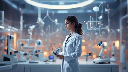 A Futuristic Medical Science Laboratory Filled With Doctors, Cutting-Edge Robotics And Nanotechnology Generative AI