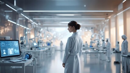 A Futuristic Medical Science Laboratory Filled With Doctors, Cutting-Edge Robotics And Nanotechnology Generative AI