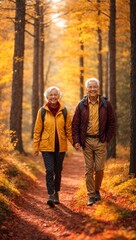 An elderly couple enjoying a peaceful walk in the serene woods