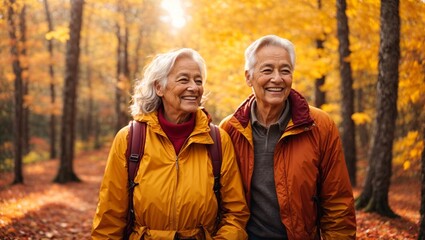 An elderly couple enjoying a leisurely walk through a vibrant autumn forest