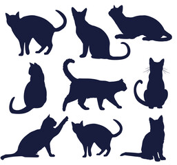 A set of nine silhouettes of cats