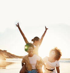 Beach sunset, happy and group of friends piggyback, smile and enjoy travel vacation, summer freedom...