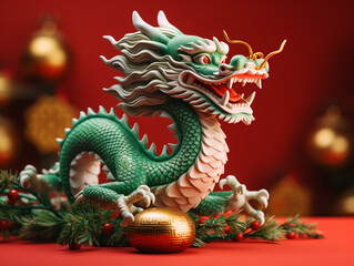 Fototapeta premium Decorative ceramic figurine of a terrible eastern green dragon on a new year background