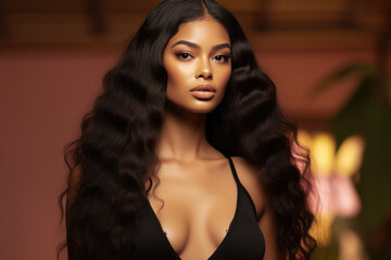 Beauty Fashion model. Black woman face & beautiful voluminous hair. Afro american girl. Beauty skin female face. .Healthy hair with luxurious Updo haircut. Waves, Curls volume Hairstyle. Hair Salon.