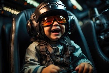Boy wearing virtual reality headset sitting on car seat. VR goggles innovation technology. Generative AI