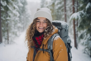 Fototapeta premium A young woman enjoys a snowy forest in Lapland