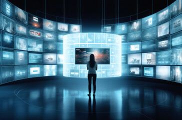 Woman engaged with cutting edge entertainment. Interacting with video wall and multiple screens, redefining modern multimedia experience. - obrazy, fototapety, plakaty