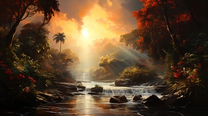 Image of sunset over river with waterfall.