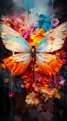 Image of colorful butterfly on black background with orange, yellow, pink, and blue colors.