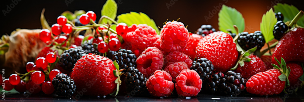 Poster Close up of bunch of berries and raspberries.