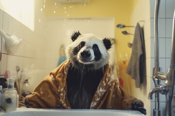 A panda sits contentedly in a bathtub, its soft fur contrasting against the hard walls as it looks...