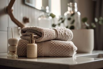 Stylish bathroom setup with chic towels and elegant candles on a wooden table, promoting a luxurious and indulgent self-care experience. AI Generative - obrazy, fototapety, plakaty