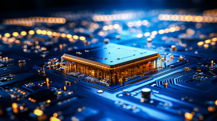 Close up of computer board with building on it. - obrazy, fototapety, plakaty