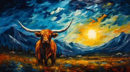 Gardinen Image of bull standing in field under cloudy sky. © valentyn640