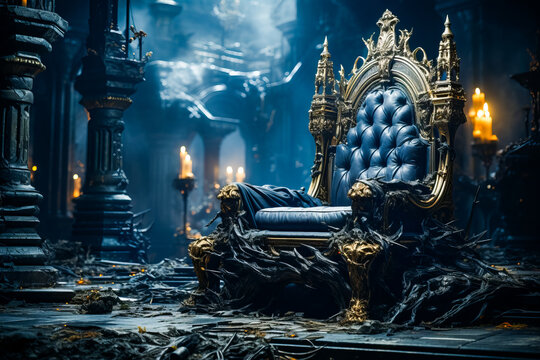 Blue and gold throne in dark room with candles.
