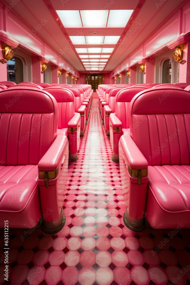 Sticker Train car with pink seats and checkered floor.