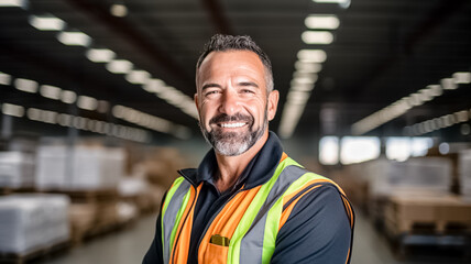 Smiling portrait of a male supervisor standing in warehouse looking at camera.

