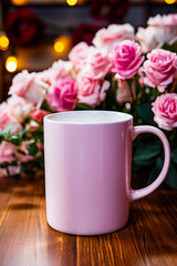 Pink coffee mug sitting on top of wooden table.