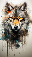 Image of wolf's face with orange eyes.