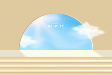 Abstract 3D background with realistic brown pedestal podium stairs ladders and cloud, blue sky, sun in half circle door shape. 3D vector geometric platform design. Stage for show product, cosmetic.