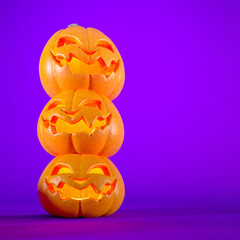 Halloween purple background with Jack o lanterns and copy space, social media template design.