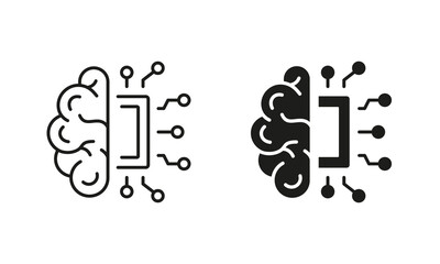 AI Innovation Concept Line and Silhouette Icon Set. Human Brain, Network Chip Technology Pictogram. Artificial Intelligence Symbol Collection on White Background. Isolated Vector Illustration