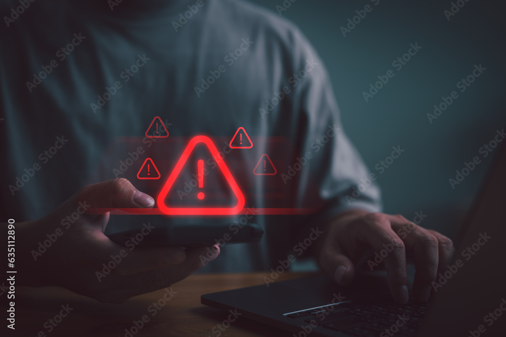 Poster System warning error popup and maintenance showing. Cyberattack on online network error system. Cybersecurity vulnerability, data breach, illegal connection, compromised information.